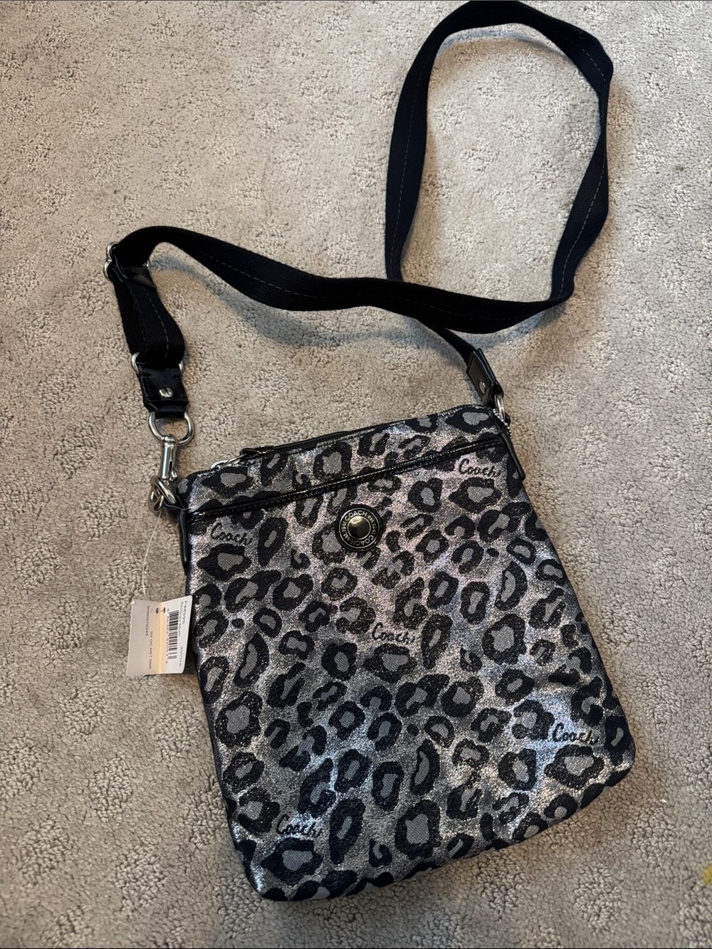 Coach Silver and Black Leopard Print Crossbody passport Bag